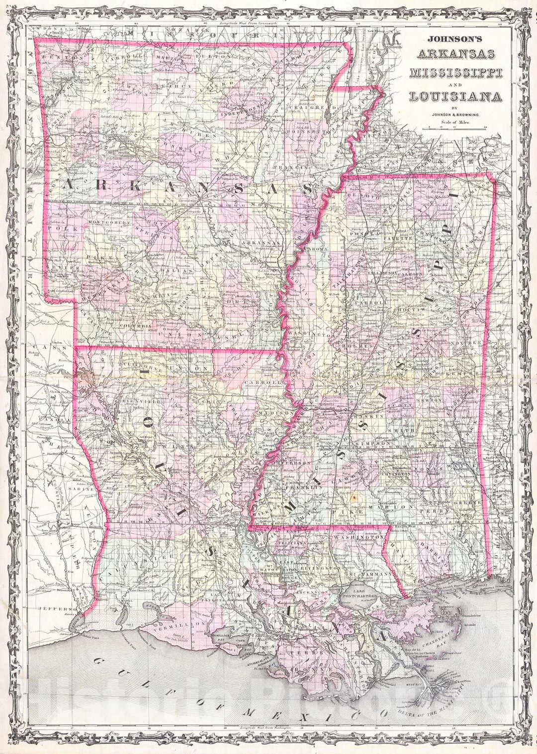 Historic Map : Johnson Map of Mississippi, Louisiana & Arkansas, 1861, Vintage Wall Art