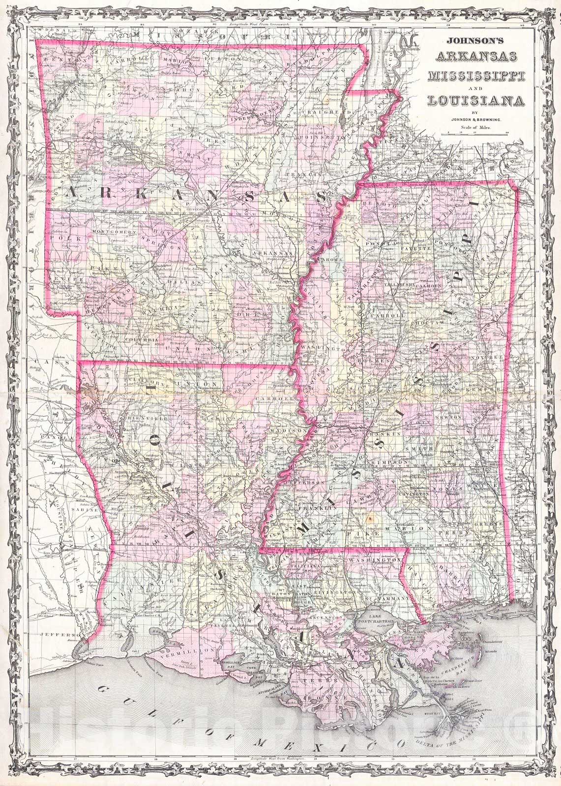 Historic Map : Johnson Map of Mississippi, Louisiana & Arkansas, 1861, Vintage Wall Art