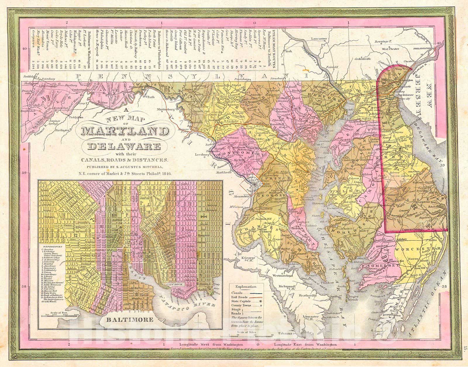 Historic Map : Burroughs, Mitchell Map of Maryland & Delaware w Baltimore Inset, 1846, Vintage Wall Art