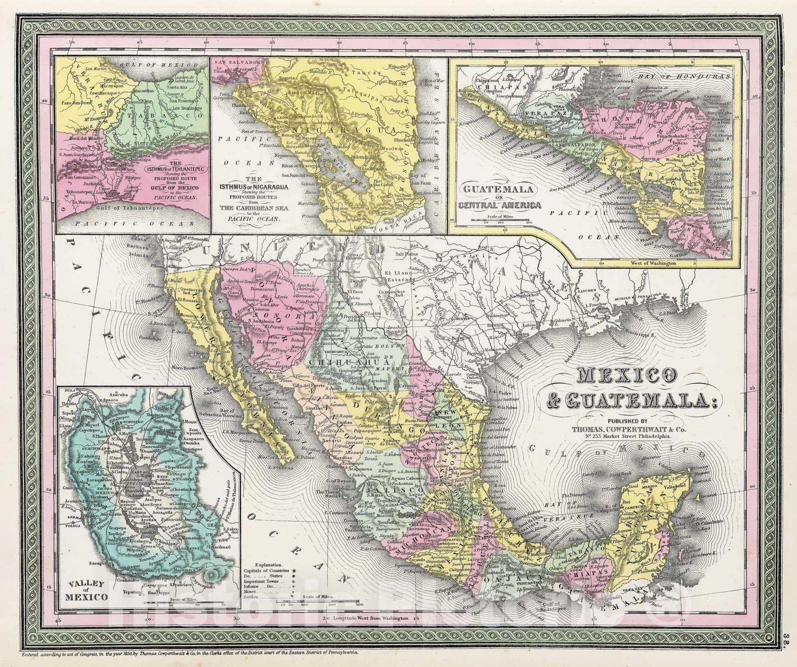 Historic Map : Mitchell Map of Mexico & Texas , 1850, Vintage Wall Art