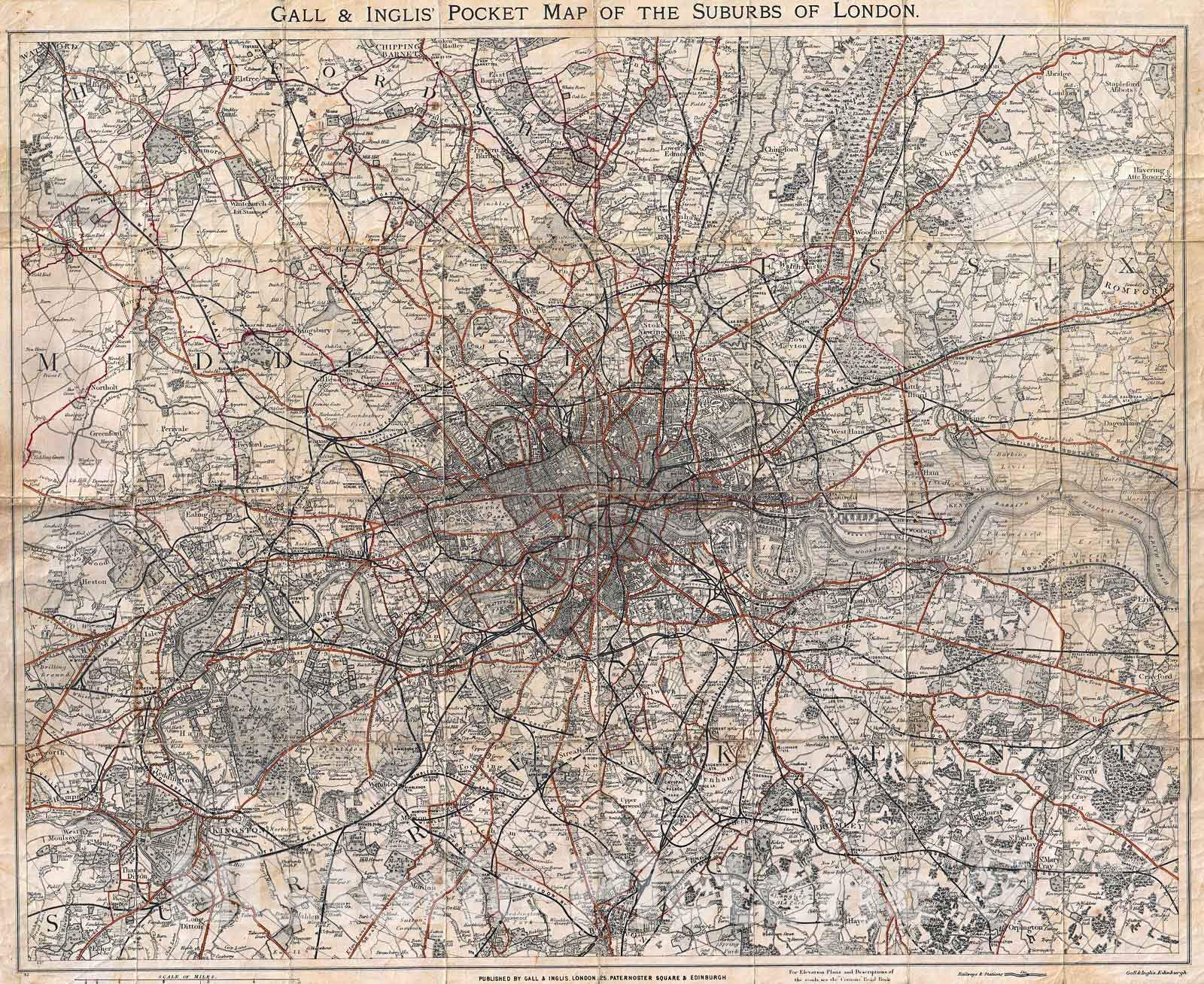 Historic Map : Gall and Inglis' Map of London and Environs , 1900, Vintage Wall Art