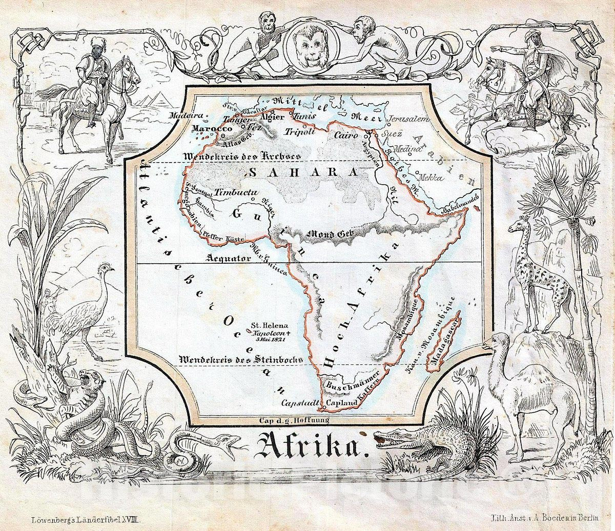 Historic Map : Lowenberg Whimsical Antique Map of Africa, 1846, Vintage Wall Art