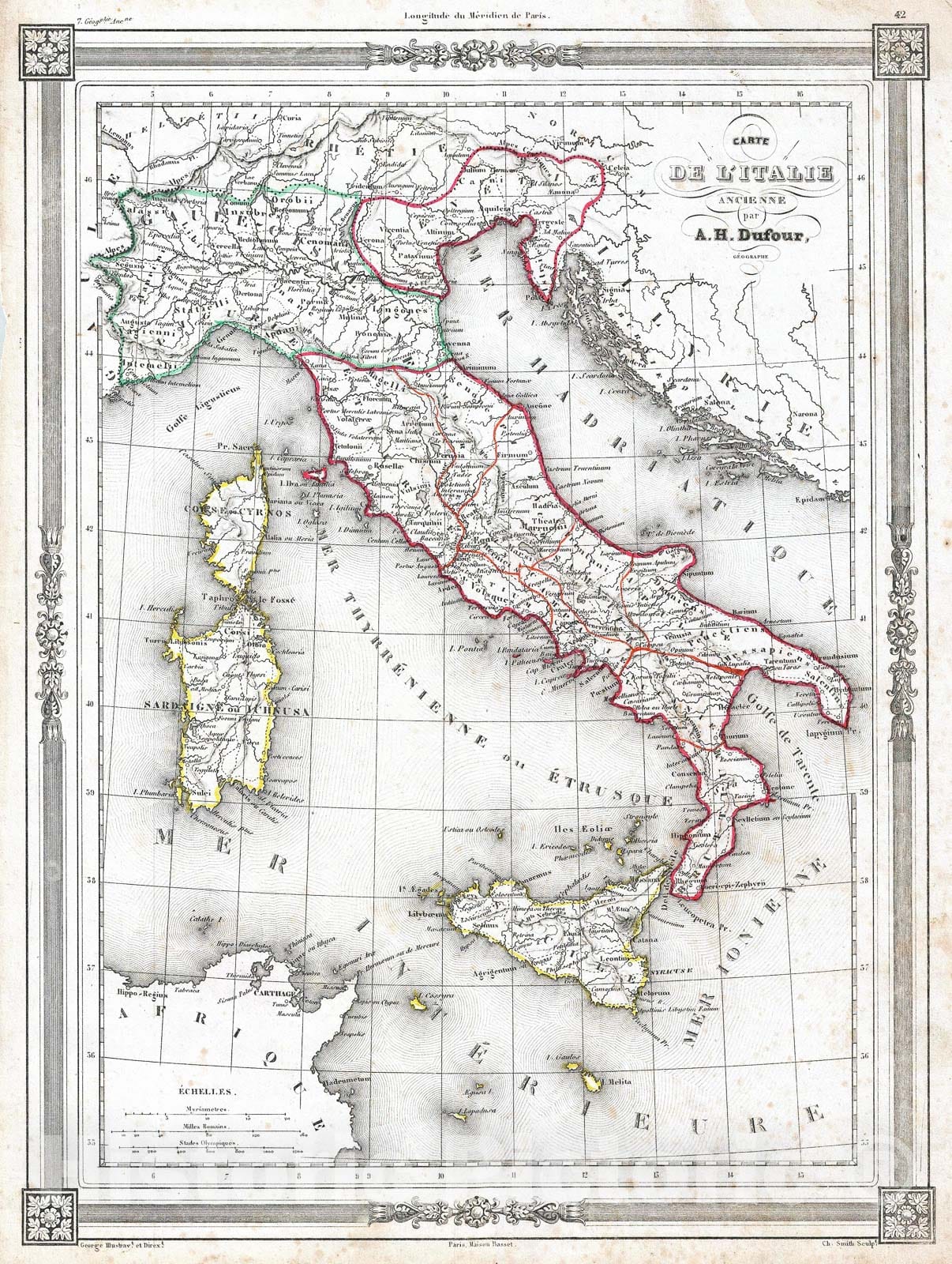 Historic Map : Dufour Map of Italy in Antiquity, 1852, Vintage Wall Art