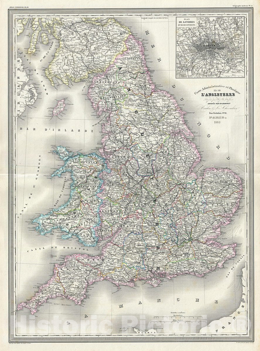 Historic Map : Dufour Map of England and Wales, 1860, Vintage Wall Art