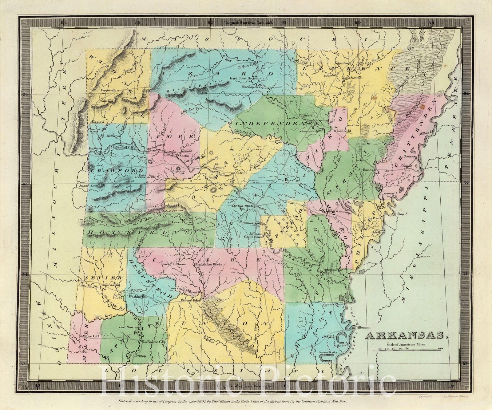 Historic Map : Burr Antique Map of Arkansas, 1835, Vintage Wall Art