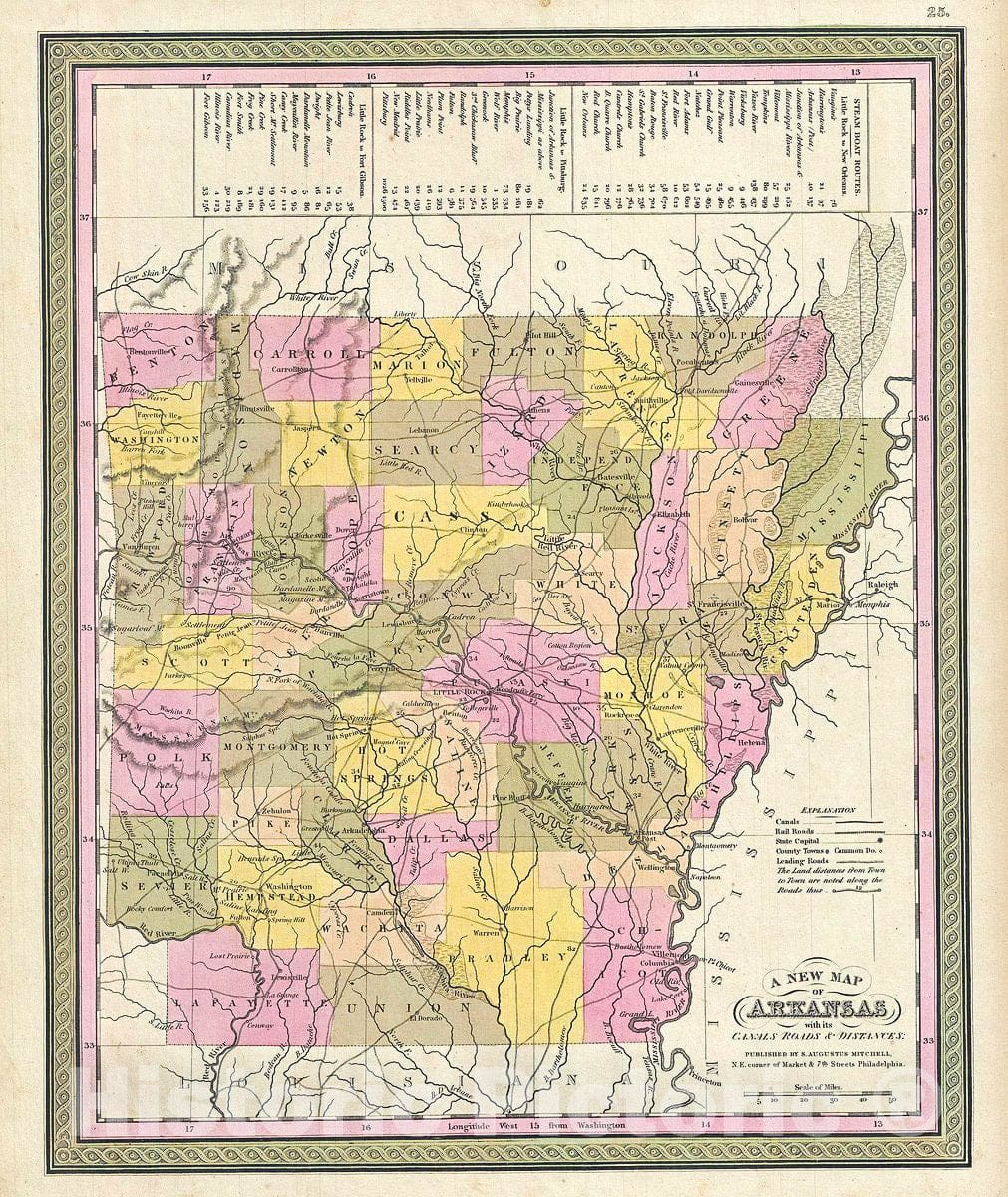 Historic Map : Mitchell Map of Arkansas, 1849, Vintage Wall Art