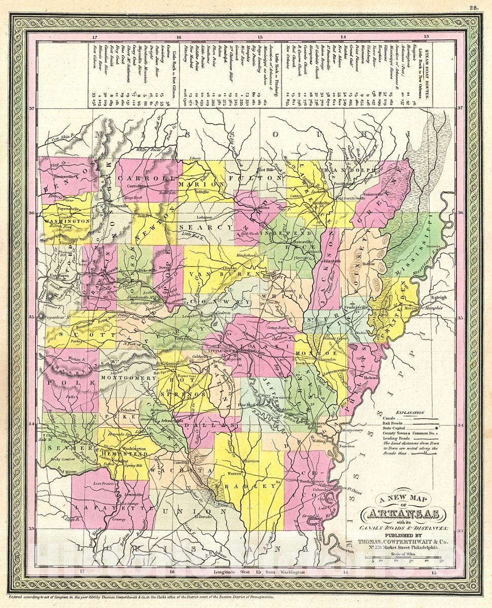 Historic Map : Mitchell Map of Arkansas, Version 3, 1854, Vintage Wall Art