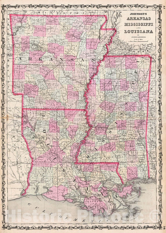 Historic Map : Johnson Map of Arkansas, Mississippi and Louisiana, 1861, Vintage Wall Art
