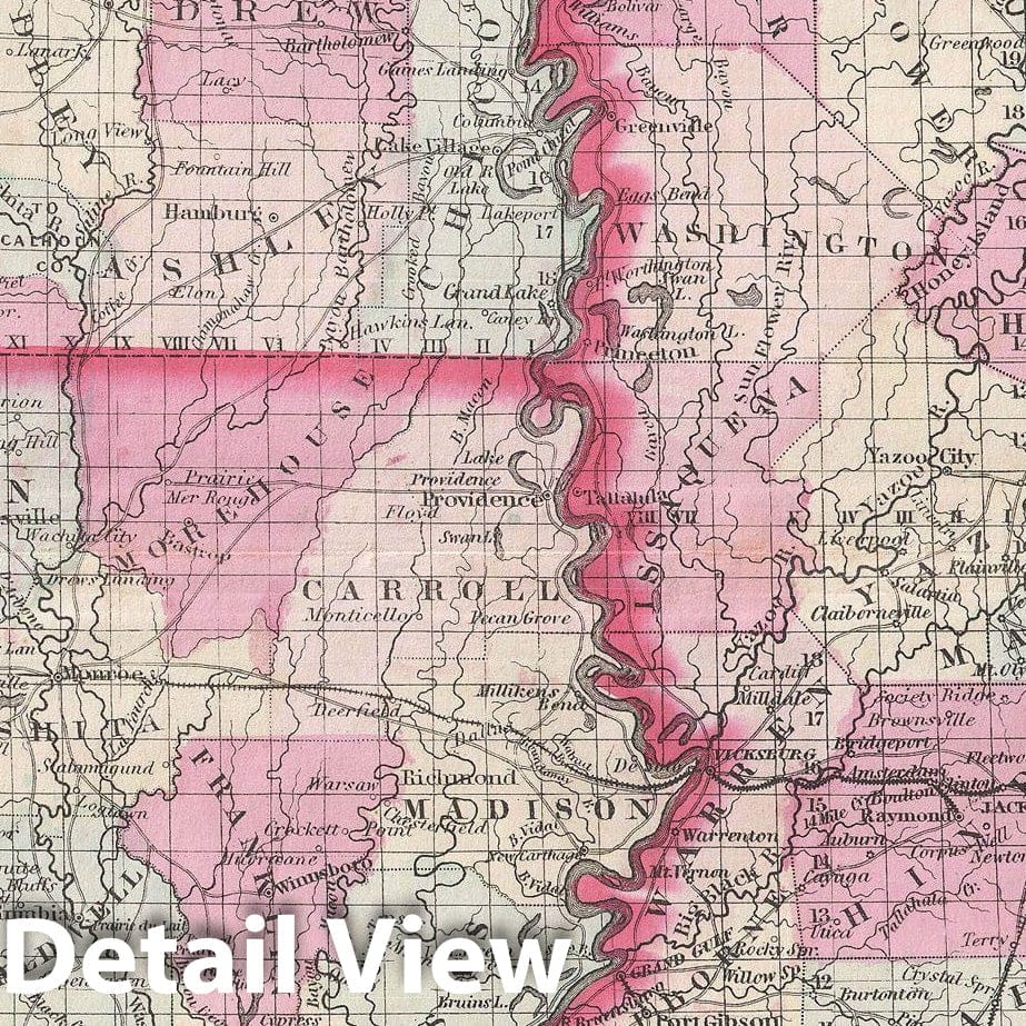 Historic Map : Johnson Map of Arkansas, Mississippi and Louisiana, 1861, Vintage Wall Art