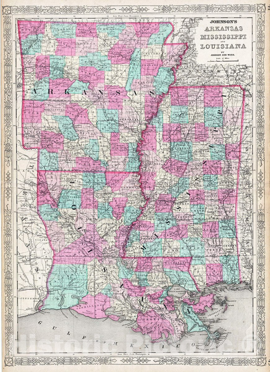 Historic Map : Johnson Map of Arkansas, Mississippi and Louisiana, Version 2, 1865, Vintage Wall Art