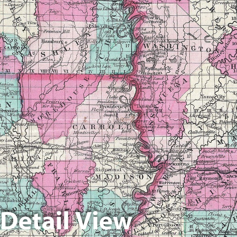Historic Map : Johnson Map of Arkansas, Mississippi and Louisiana, Version 2, 1865, Vintage Wall Art