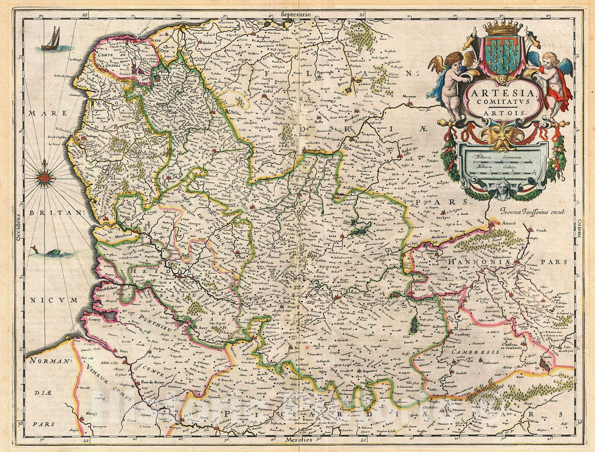 Historic Map : Jansson Map of Artesia or Artois, Northwestern France (PasdeCalais), 1642, Vintage Wall Art
