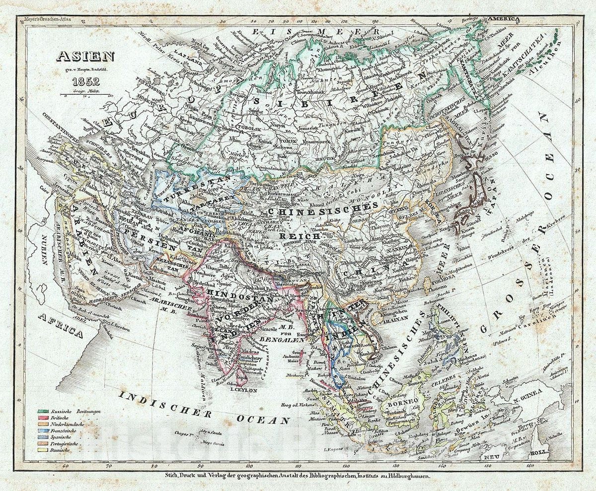 Historic Map : Meyer Map of Asia, 1852, Vintage Wall Art