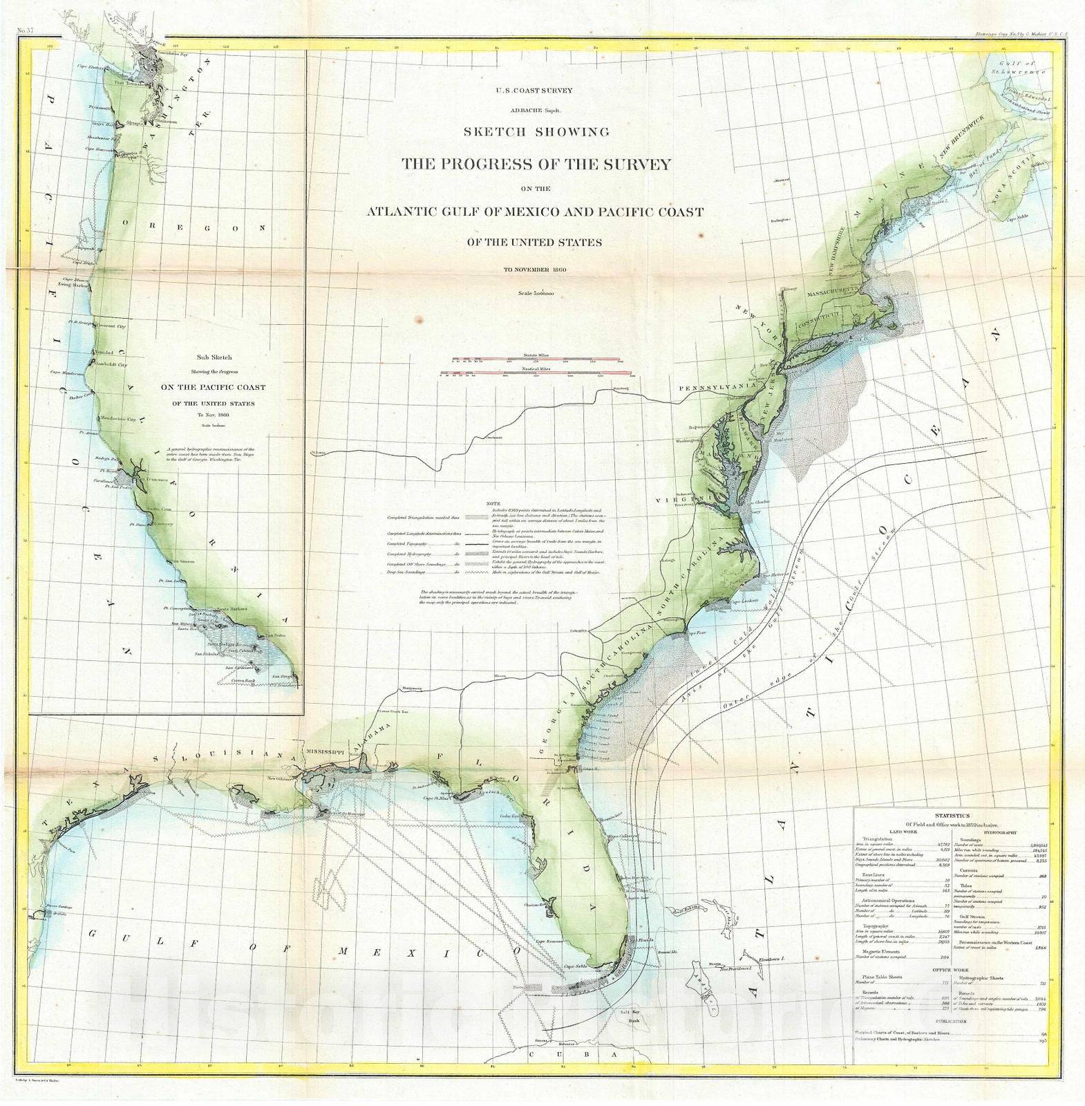 Historic Map : U.S. Coast Survey Antique Map of The Coast of The United States (Atlantic, Gulf of Mein xico and Pacific), 1860, Vintage Wall Art