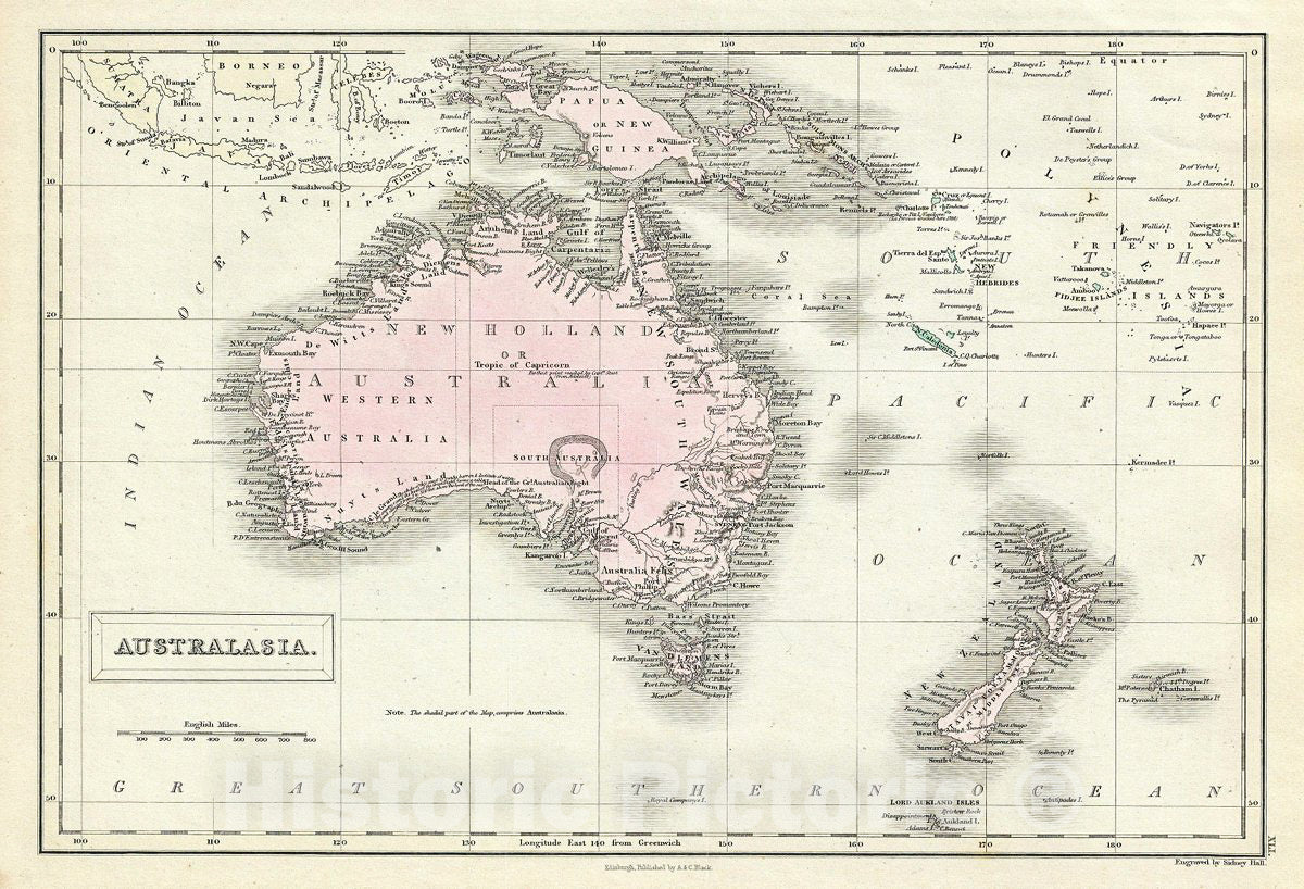 Historic Map : Black Map of Australia and New Zealand Version 3, 1851, Vintage Wall Art