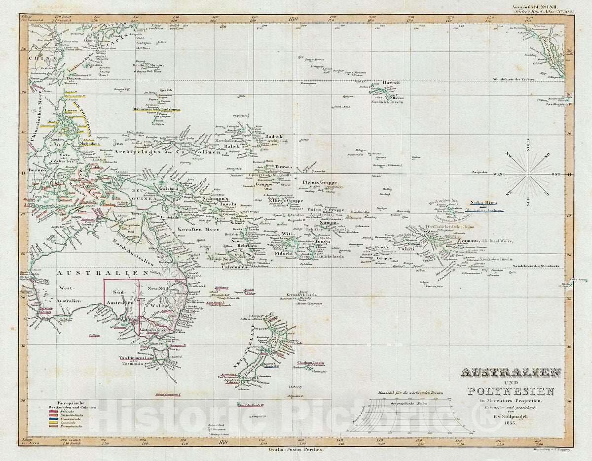 Historic Map : Perthes Map of Australia and Polynesia in Mercator's Projection, 1853, Vintage Wall Art
