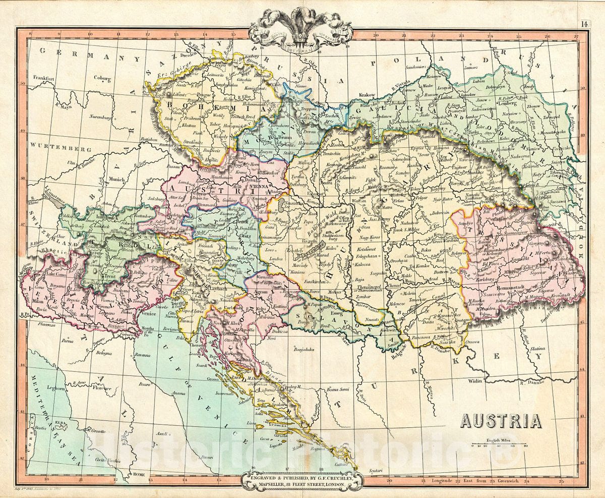 Historic Map : Cruchley Map of Austria, 1850, Vintage Wall Art