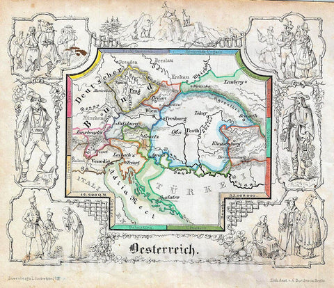 Historic Map : Lowenberg Whimsical Antique Map of Austria, 1846, Vintage Wall Art