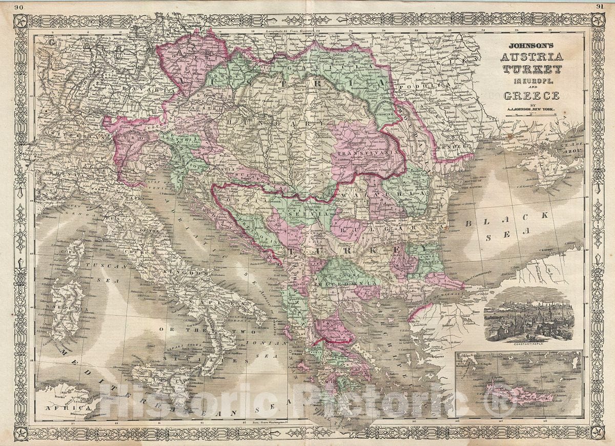 Historic Map : Johnson Map of Austria, Turkey and Greece, 1866, Vintage Wall Art