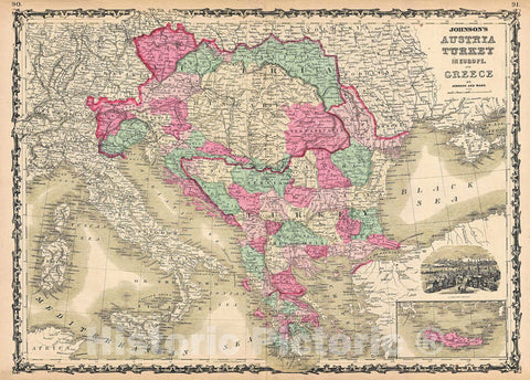 Historic Map : Johnson Map of Austria, Turkey in Europe and Greece, 1863, Vintage Wall Art