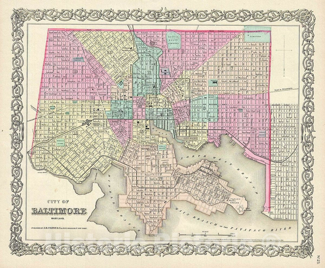 Historic Map : Colton Map of Baltimore, Maryland, 1856, Vintage Wall Art