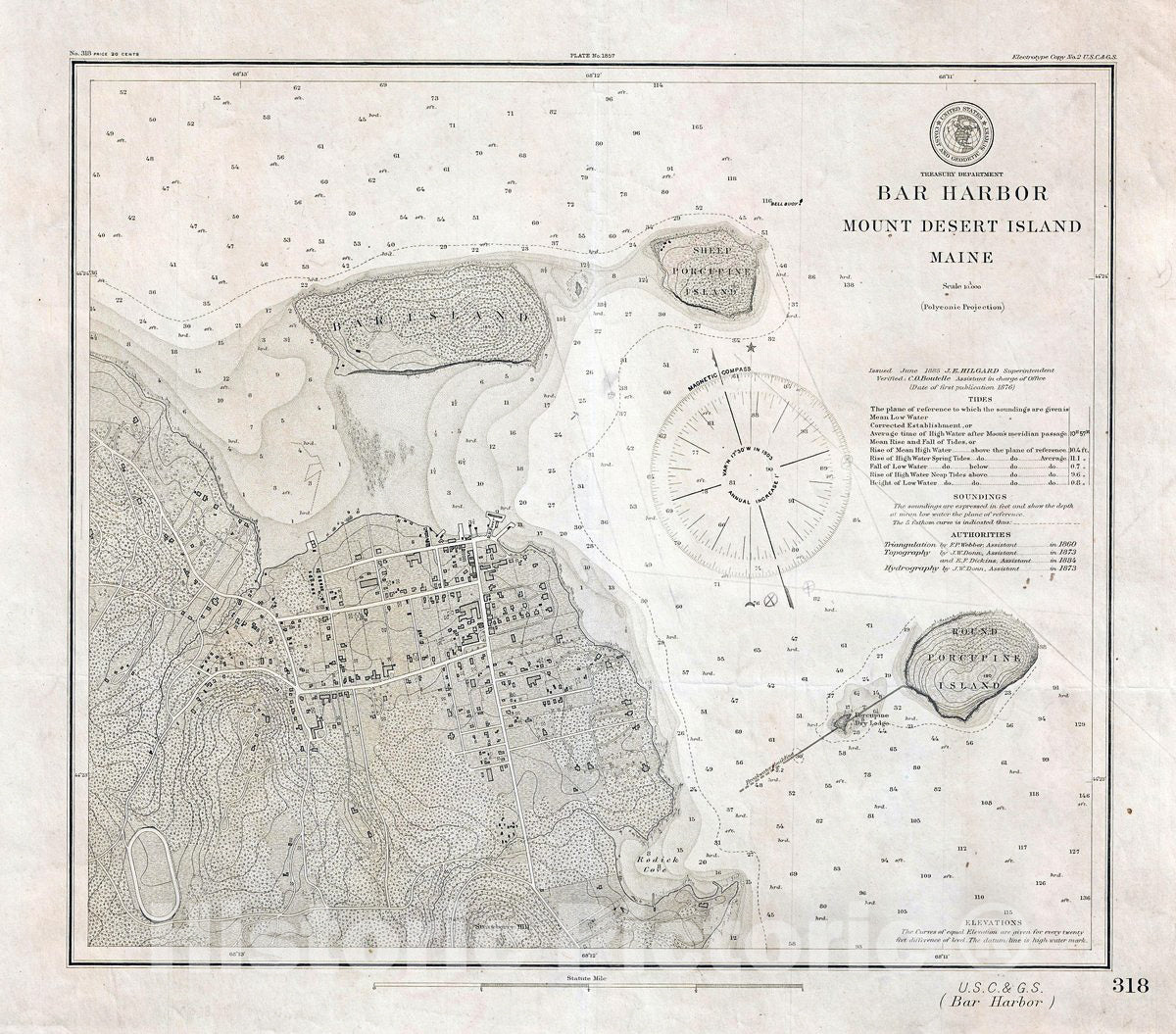 Historic Map : U.S. Coast Survey Chart or Antique Map of Bar Harbor, Mount Desert Island, Maine, 1885, Vintage Wall Art