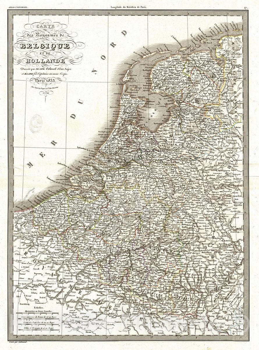 Historic Map : Lapie Map of The Kingdom of Belgium and Holland, 1833, Vintage Wall Art
