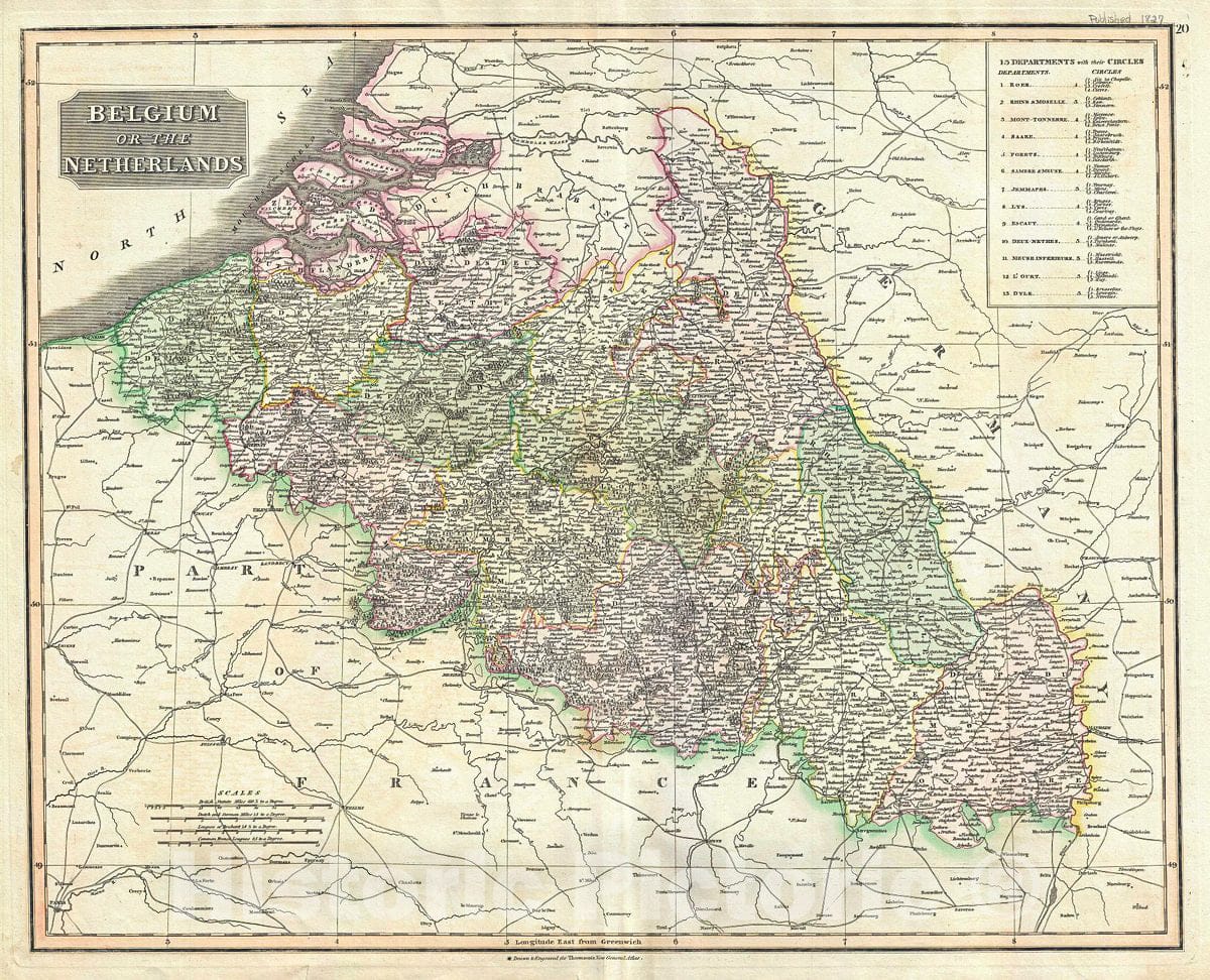 Historic Map : Thomson Map of Belgium and Luxemboug, 1817, Vintage Wall Art