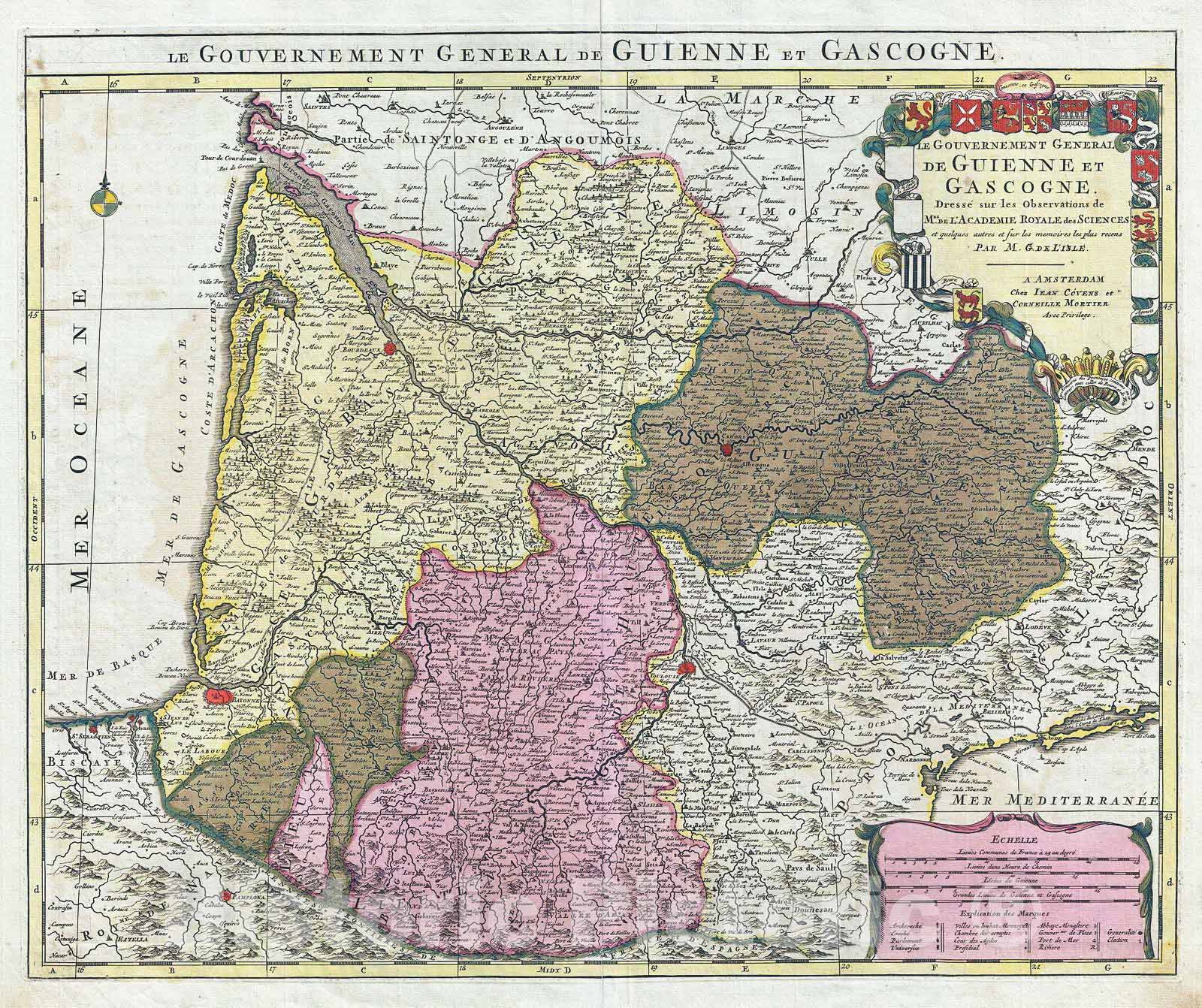 Historic Map : Covens and Mortier Map of The Bordeaux Wine Region (Gironde, Gascogne, Guienne), 1742, Vintage Wall Art