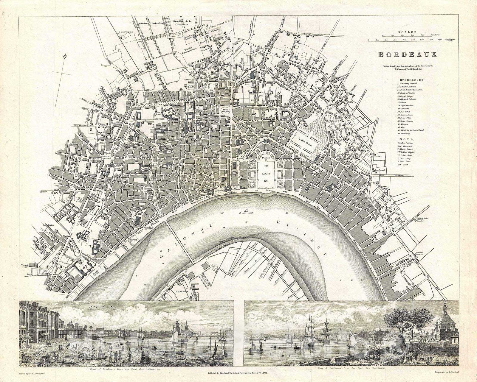 Historic Map : S.D.U.K. Subscriber's Edition Map or City Plan of Bordeaux, France, 1832, Vintage Wall Art