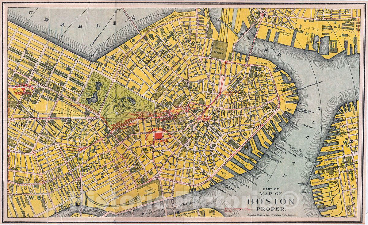 Historic Map : Walker Antique Map or Plan of Boston, Massachusetts, Version 2, 1894, Vintage Wall Art