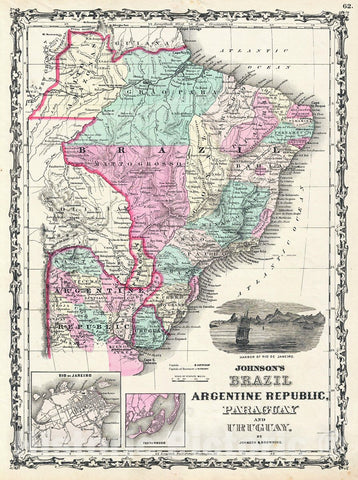 Historic Map : Johnson Map of Brazil, Paraguay, Uruguay and Argentina, 1861, Vintage Wall Art