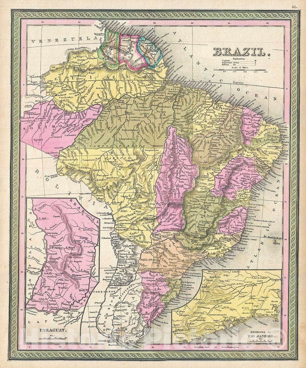 Historic Map : Mitchell Map of Brazil, Paraguay and The Guianas, 1849, Vintage Wall Art