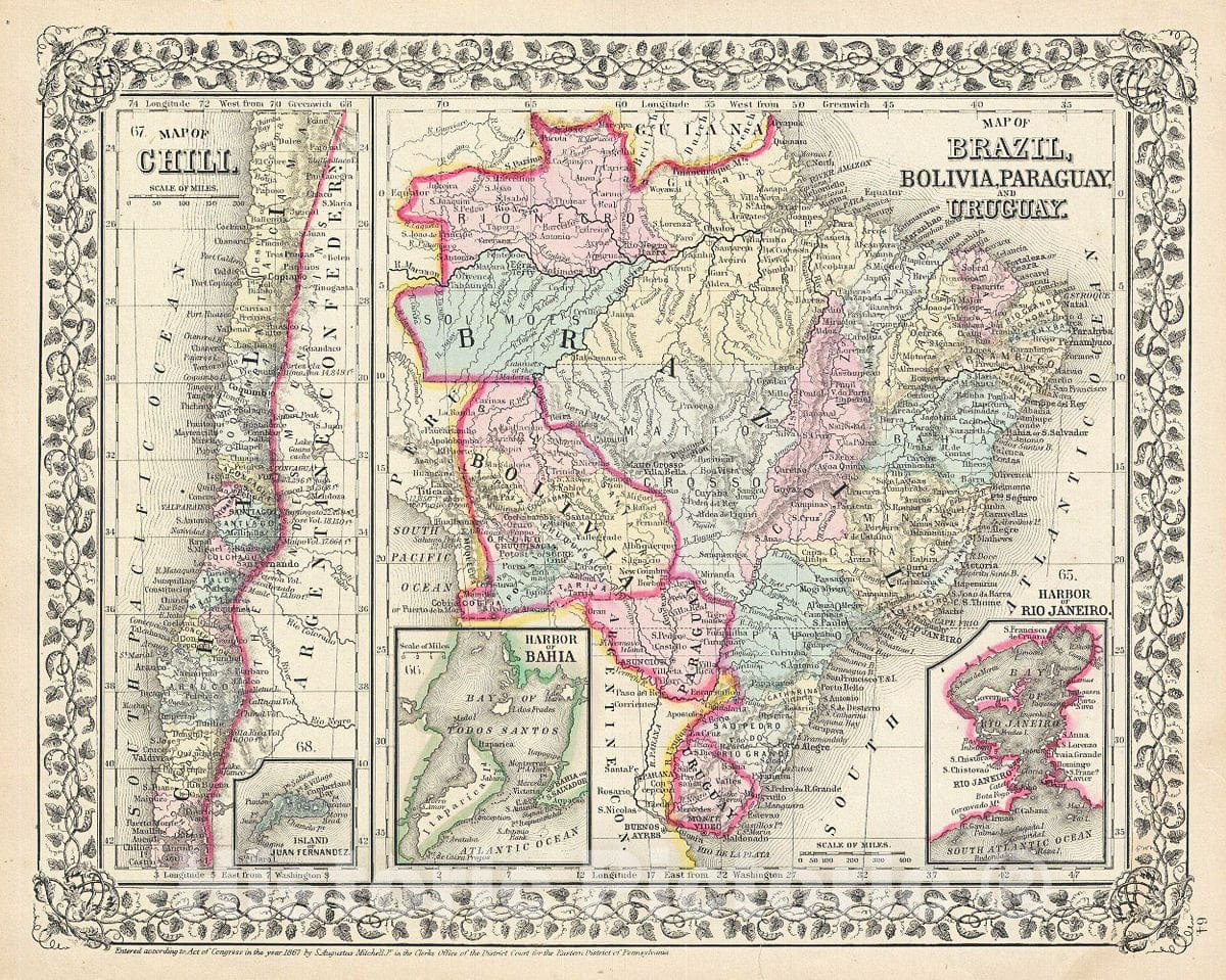 Historic Map : Mitchell Map of Chile, Brazil, Bolivia, Paraguay and Uruguay, 1867, Vintage Wall Art