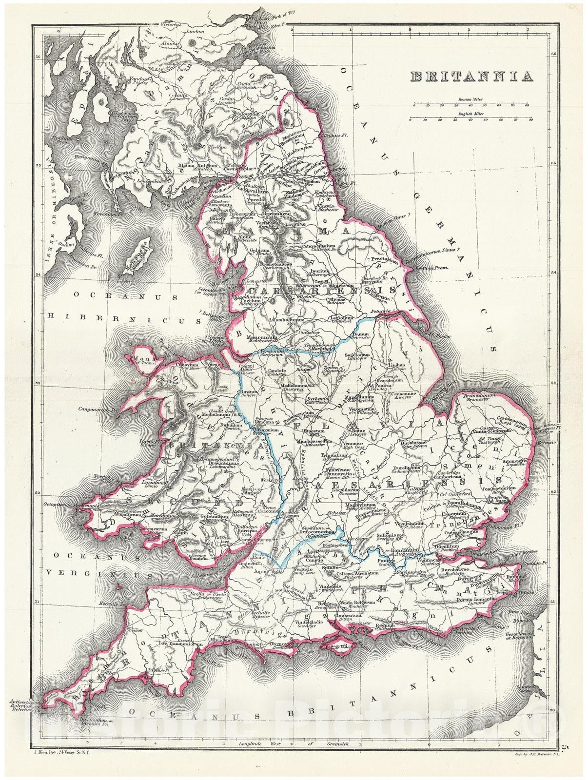 Historic Map : Hughes Map of England in Ancient Roman Times, 1867, Vintage Wall Art