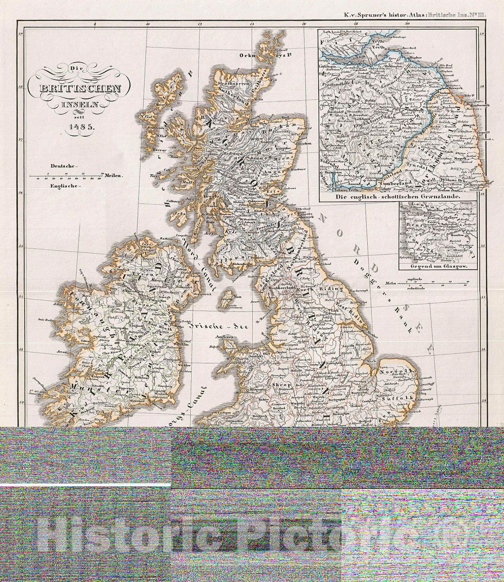 Historic Map : Spruner Antique Map of The British Isles in 1485, 1854, Vintage Wall Art