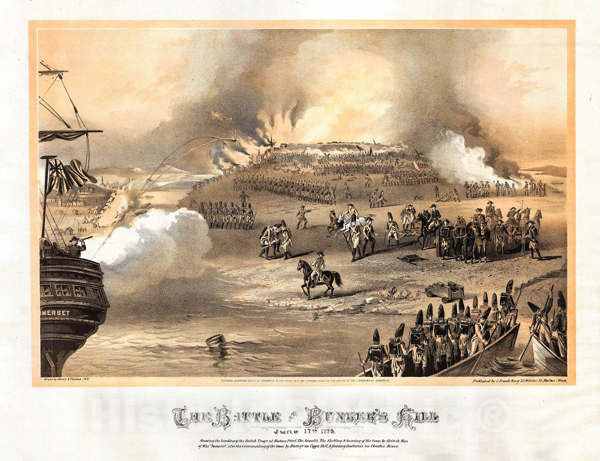 Historic Map : Henry Thomas View of The Battle of Bunker Hill, 1775, Vintage Wall Art