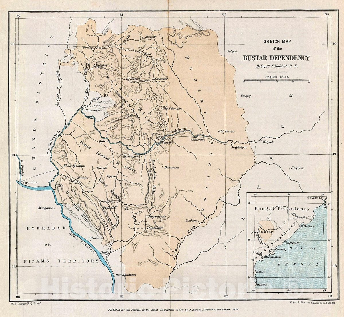 Historic Map : Johnston Antique Map of The Bustar Dependency, India, 1879, Vintage Wall Art