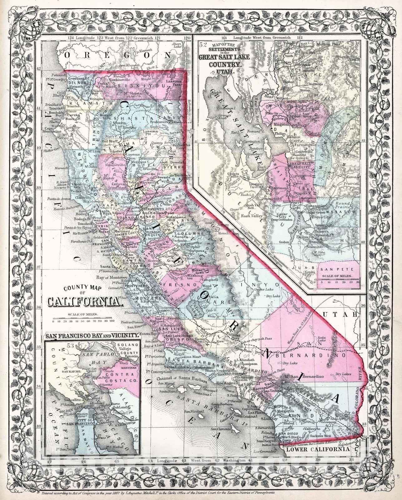 Historic Map : Mitchell Map of California, 1867, Vintage Wall Art