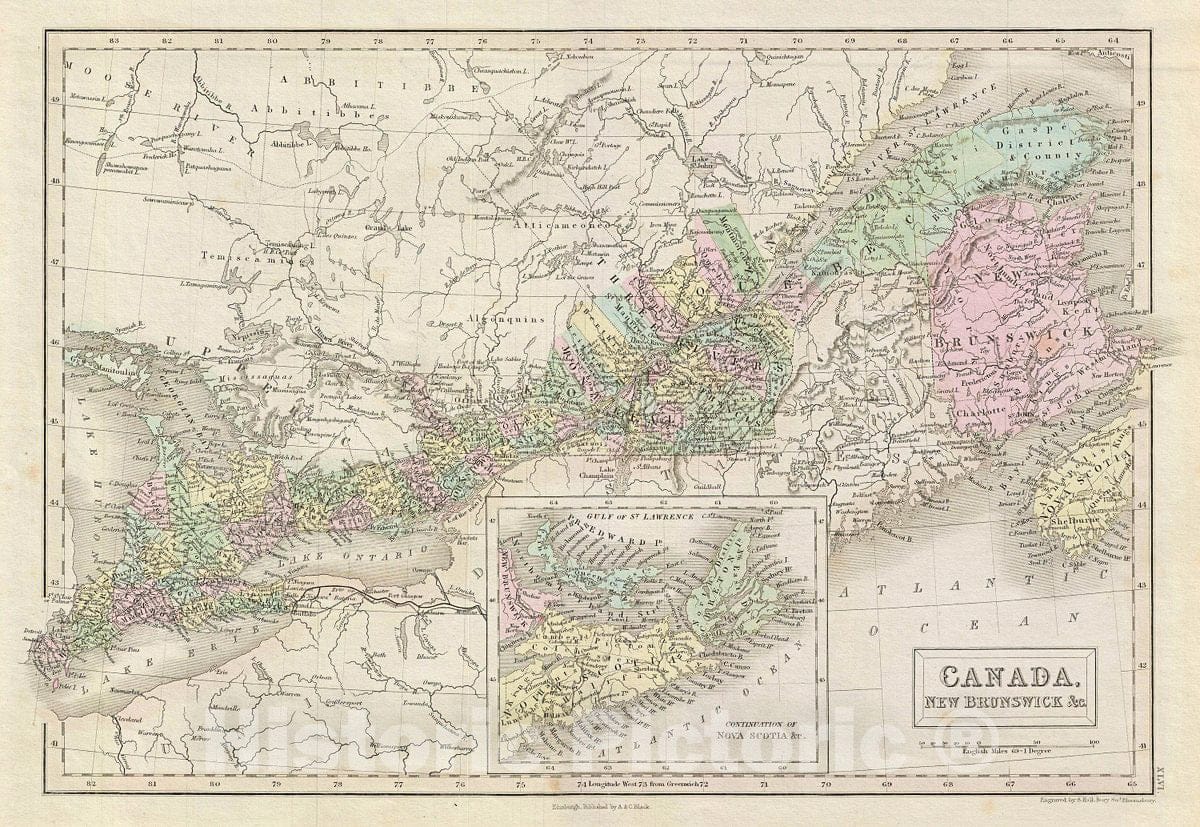 Historic Map : Black Map of Canada, 1851, Vintage Wall Art