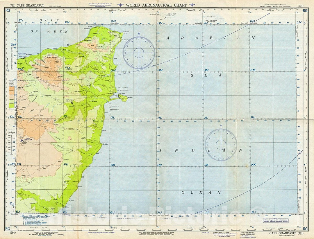 Historic Map : U.S. Army Air Forces Aeronautical Chart or Map of Eastern Somalia (Cape Guardafui), 1952, Vintage Wall Art