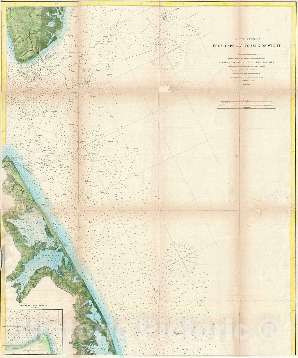 Historic Map : U.S. Coast Survey Map or Chart of Cape May, New Jersey and Isle of Wight, Maryland (Delaware Ba, 1860, Vintage Wall Art