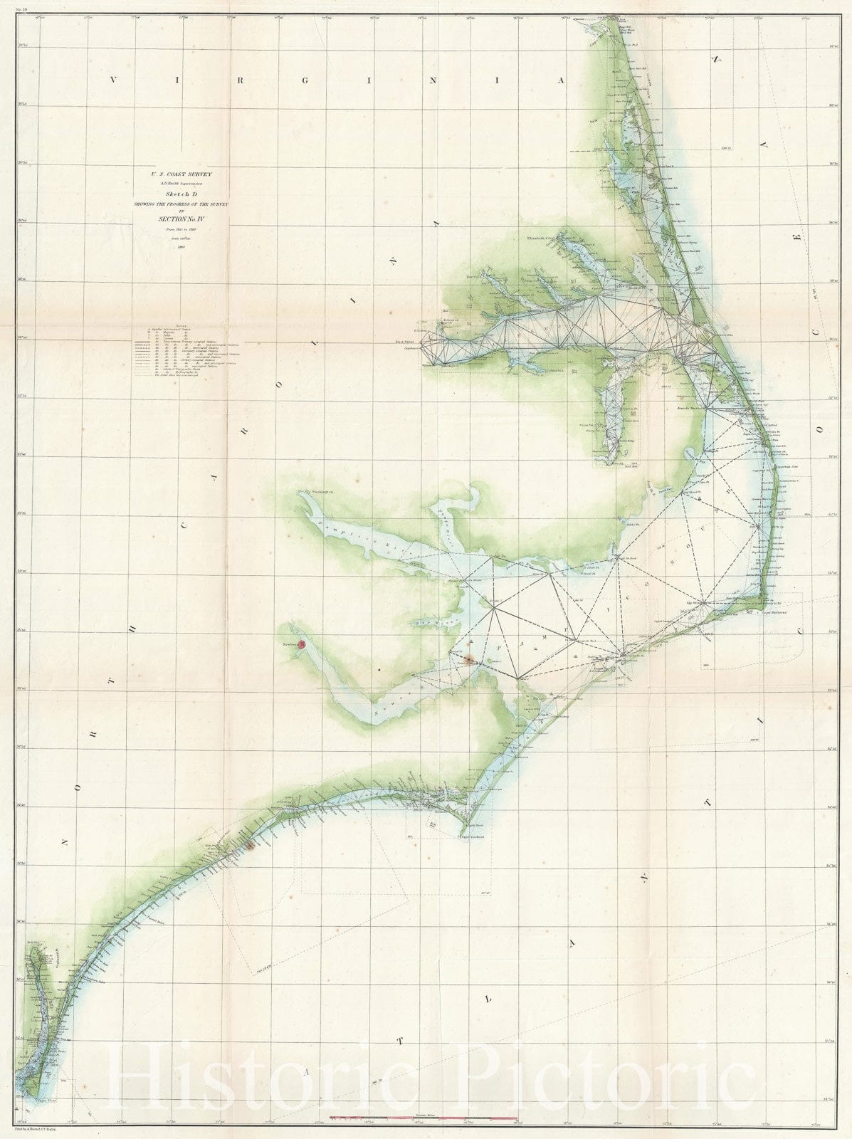 Historic Map : U.S. Coast Survey Map of The Carolina and Virginia Coast (Pamlico Sound, Albemarle Sound), 1860, Vintage Wall Art