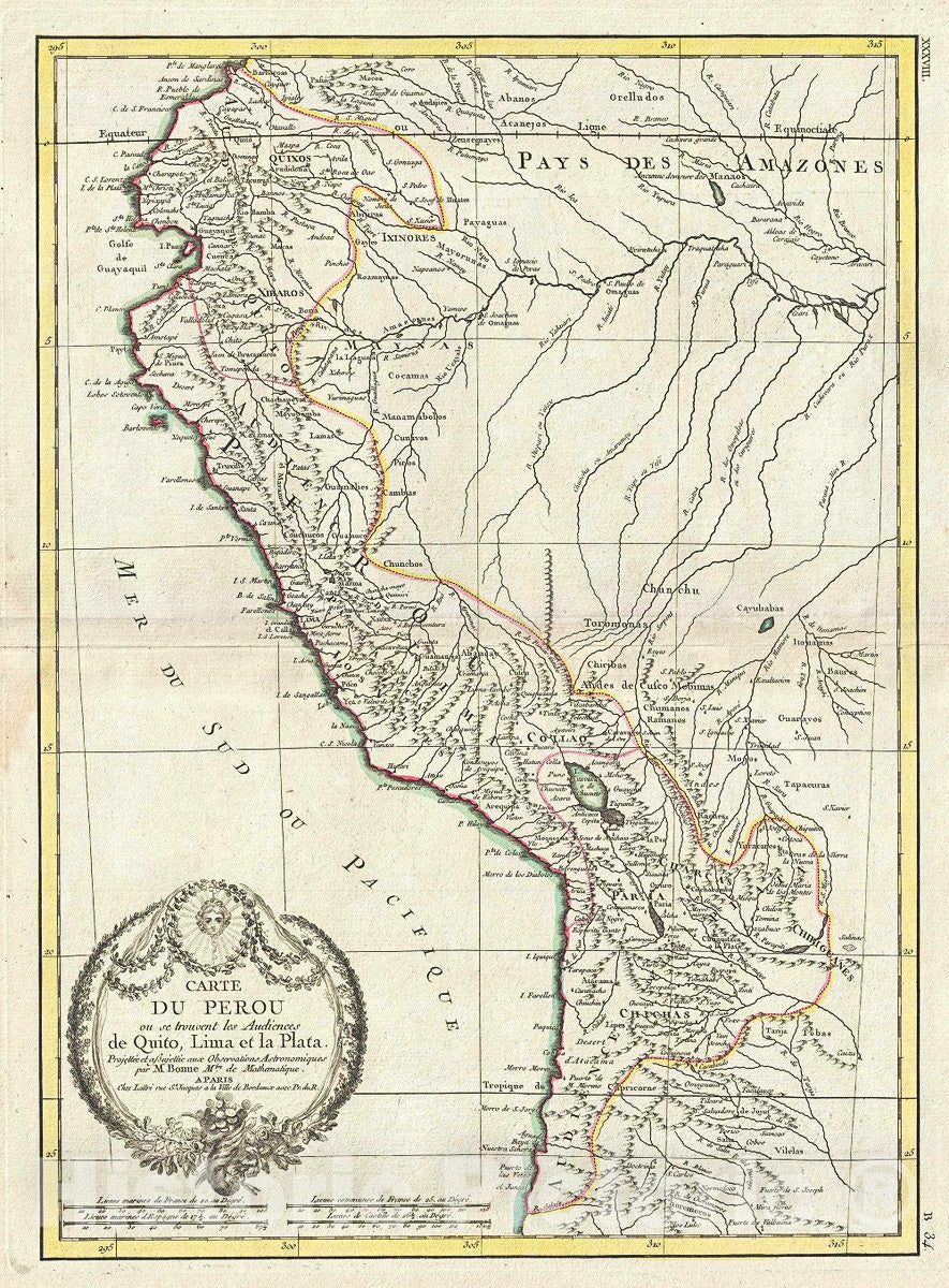 Historic Map : Bonne Map of Peru, Ecuador, Bolivia, and The Western Amazon, 1778, Vintage Wall Art