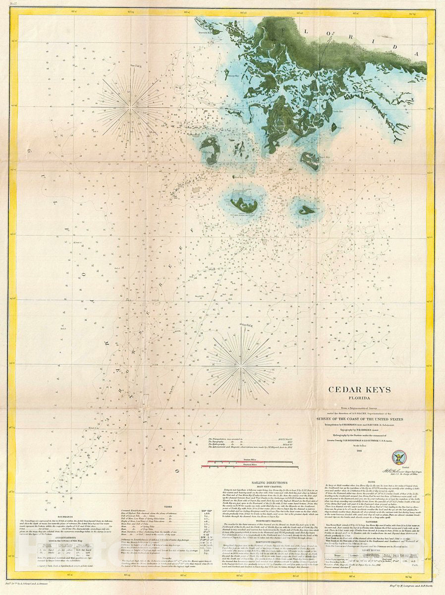Historic Map : U.S. Coast Survey Chart or Map of The Cedar Keys, Florida, 1861, Vintage Wall Art