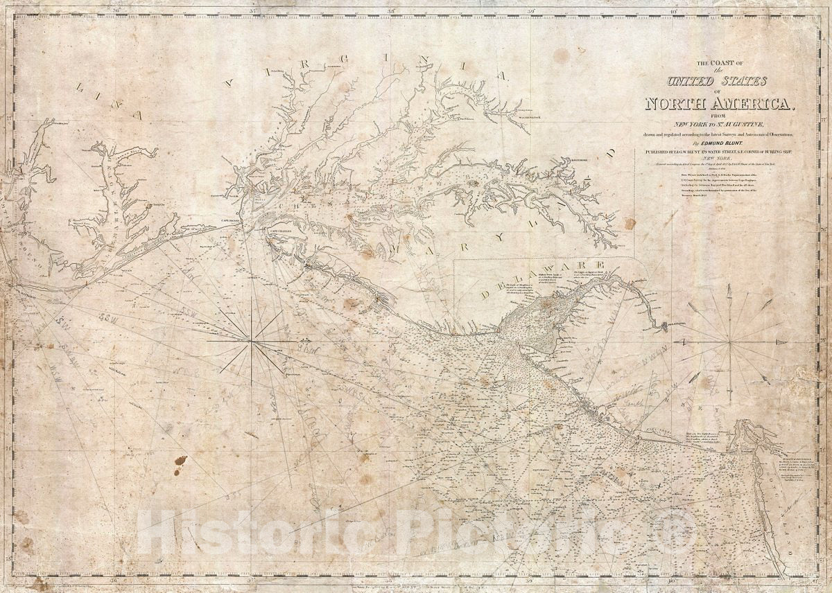 Historic Map : Blunt Nautical Map of The Chesapeake Bay, Delaware Bay, and Albemarle Sound, 1851, Vintage Wall Art