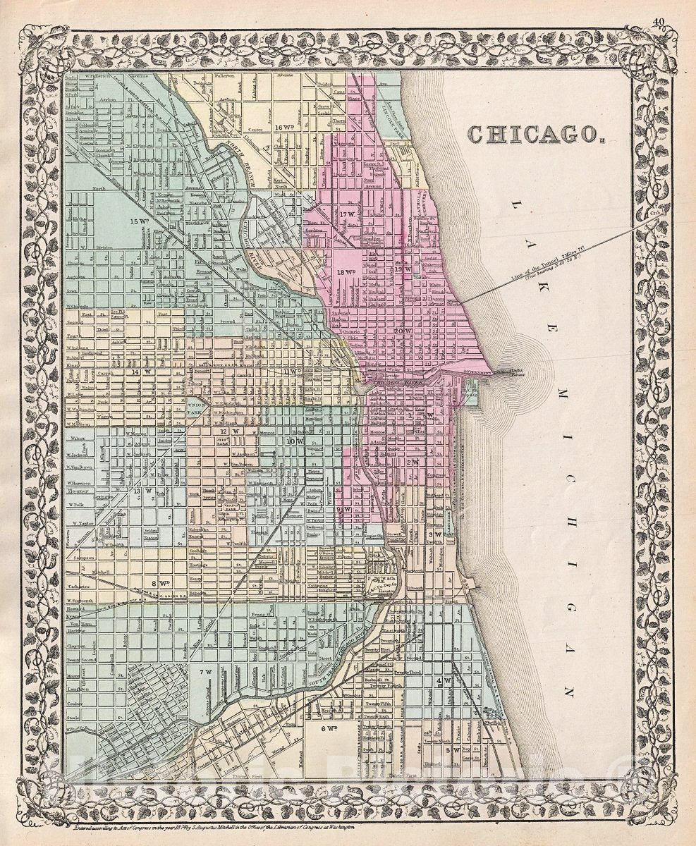Historic Map : Mitchell Map or Plan of Chicago, Illinois, 1874, Vintage Wall Art