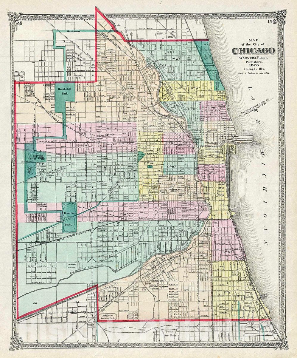 Historic Map : Warner and Beers Map of Chicago, 1875, Vintage Wall Art