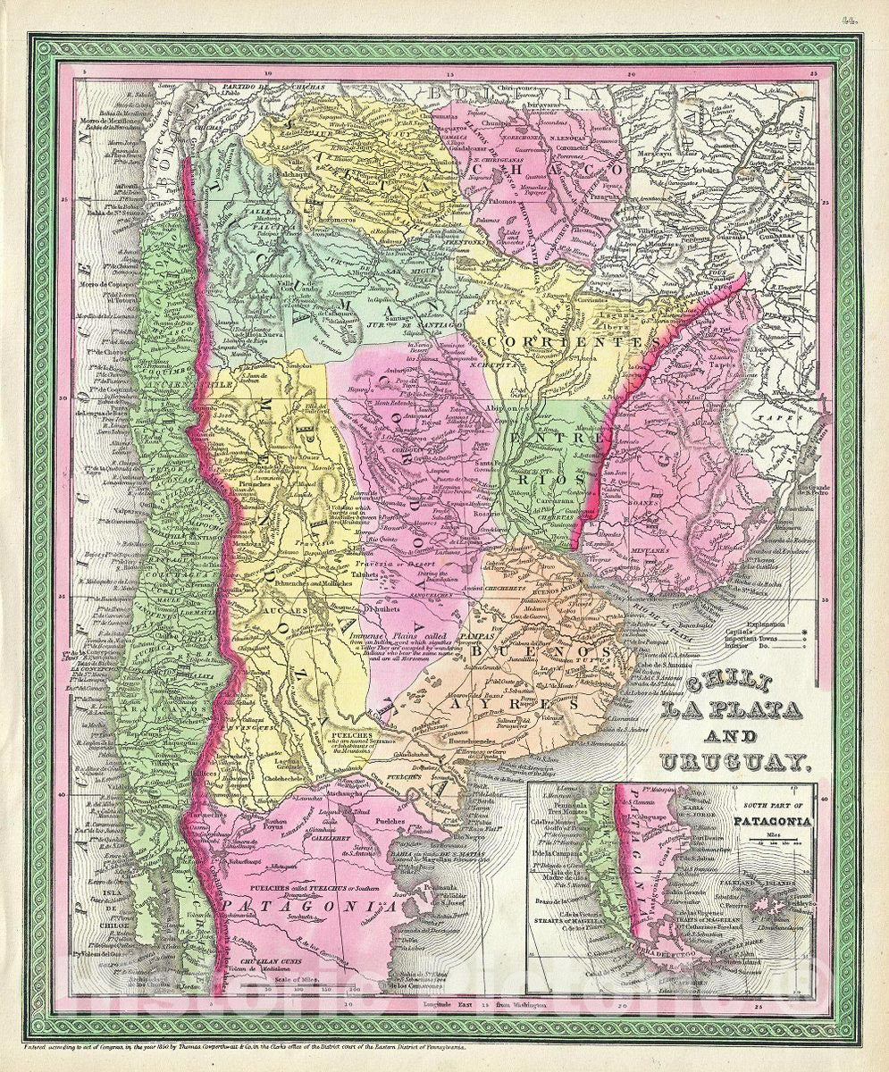 Historic Map : Mitchell Map of Chile, Argentina and Uruguay, Version 2, 1854, Vintage Wall Art