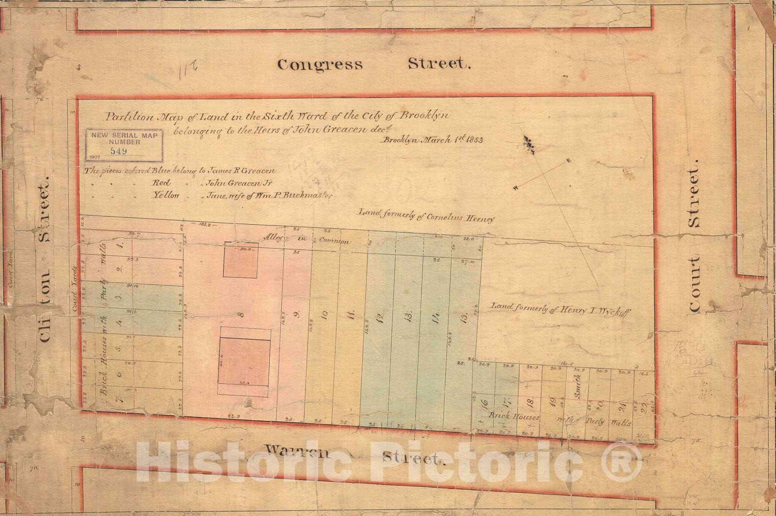 Historic Map : Manuscript Survey Map of Cobble Hill, Brooklyn, New York, 1853, Vintage Wall Art